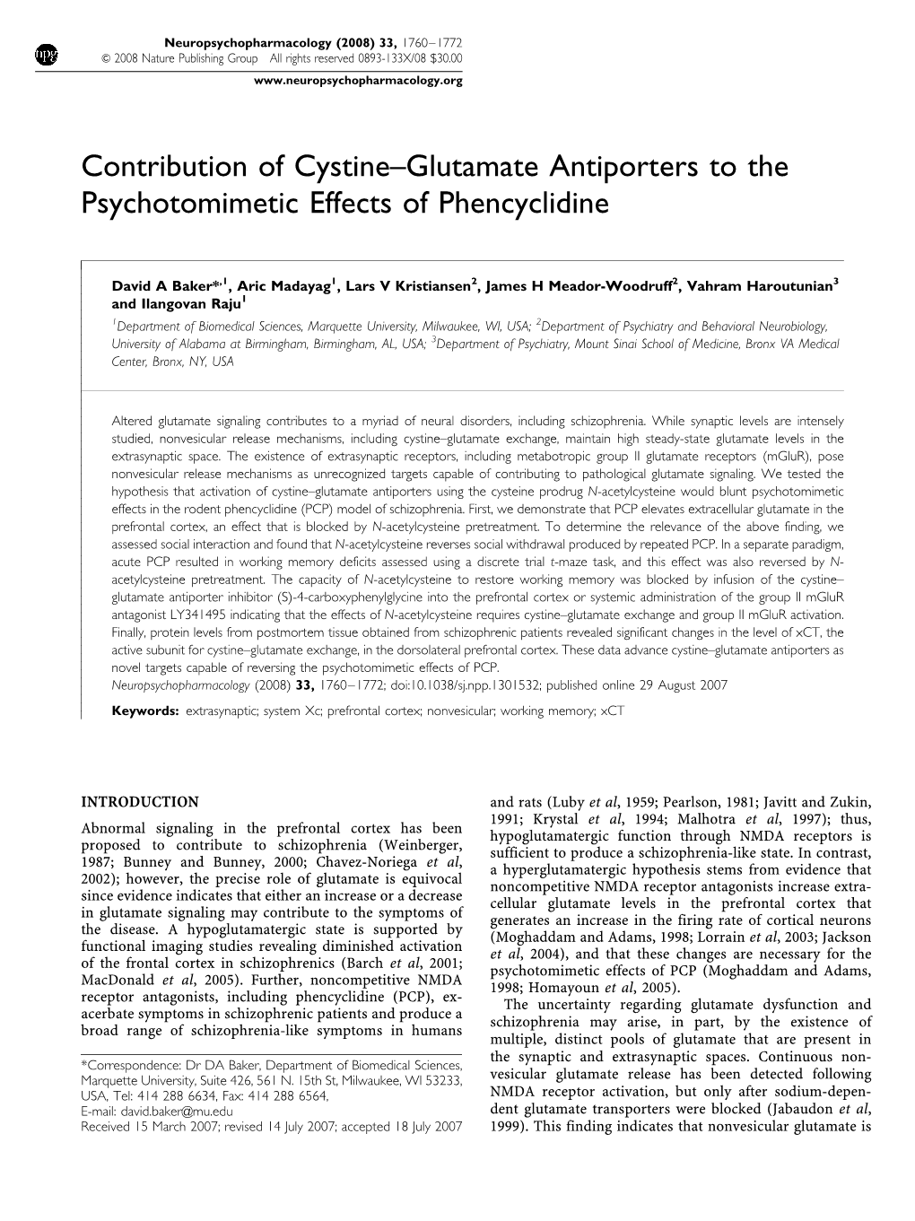 Contribution of Cystine–Glutamate Antiporters to the Psychotomimetic Effects of Phencyclidine