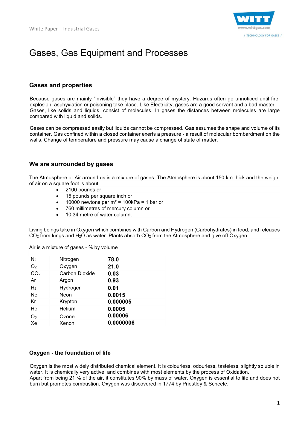 Gases, Gas Equipment and Processes