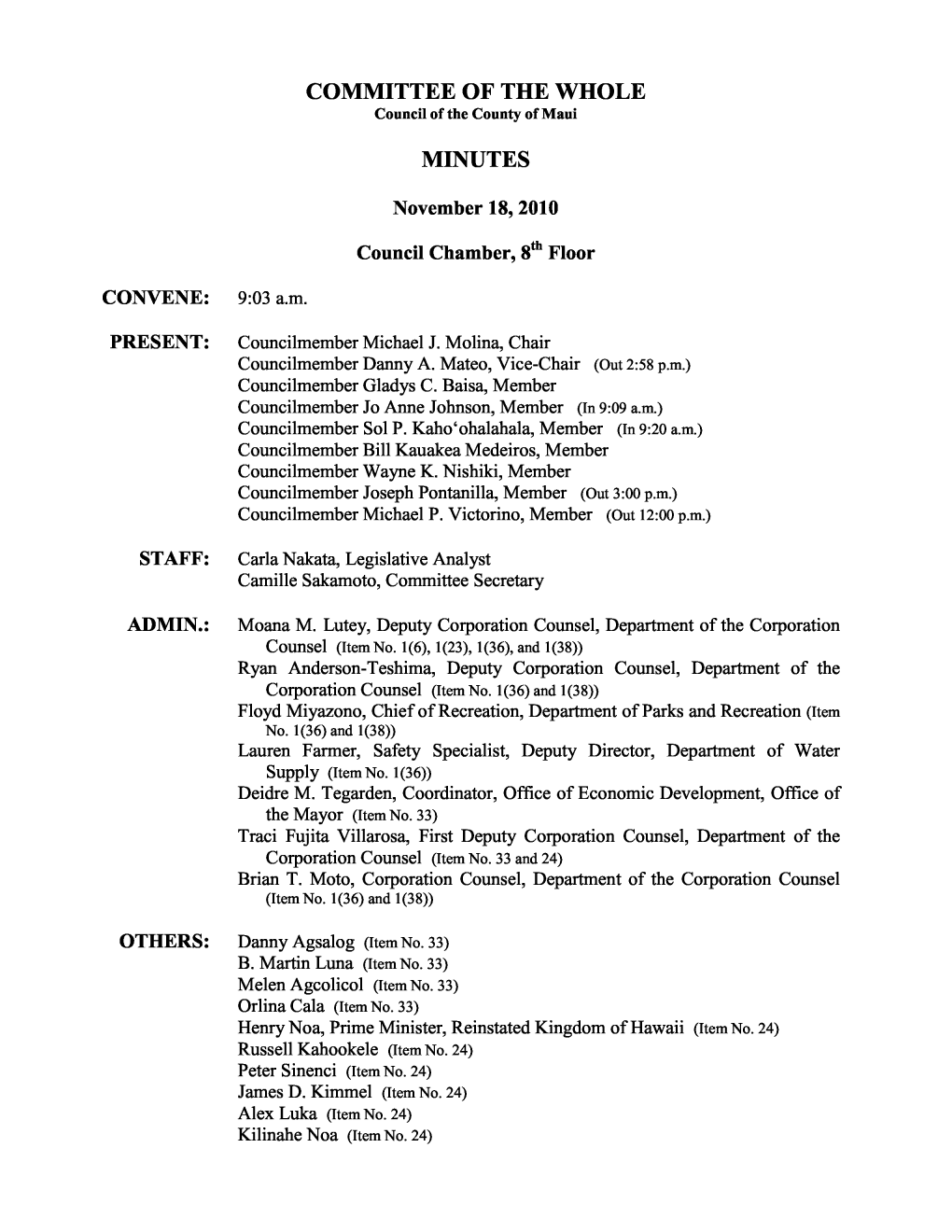 COMMITTEE of the WHOLE MINUTES C��N��L �F Th� C��Nt� �F M�