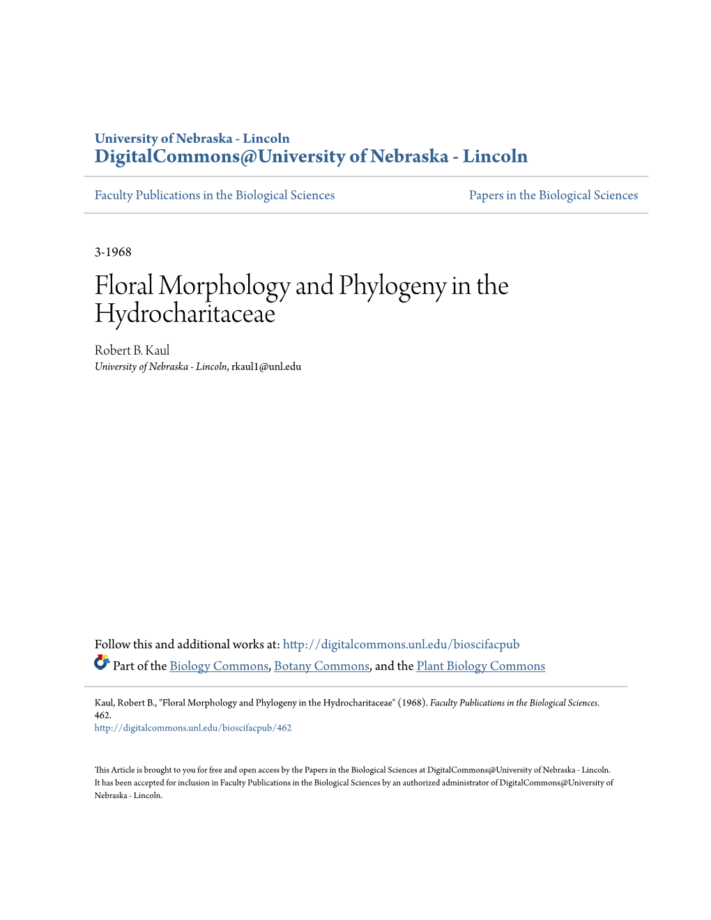 Floral Morphology and Phylogeny in the Hydrocharitaceae Robert B