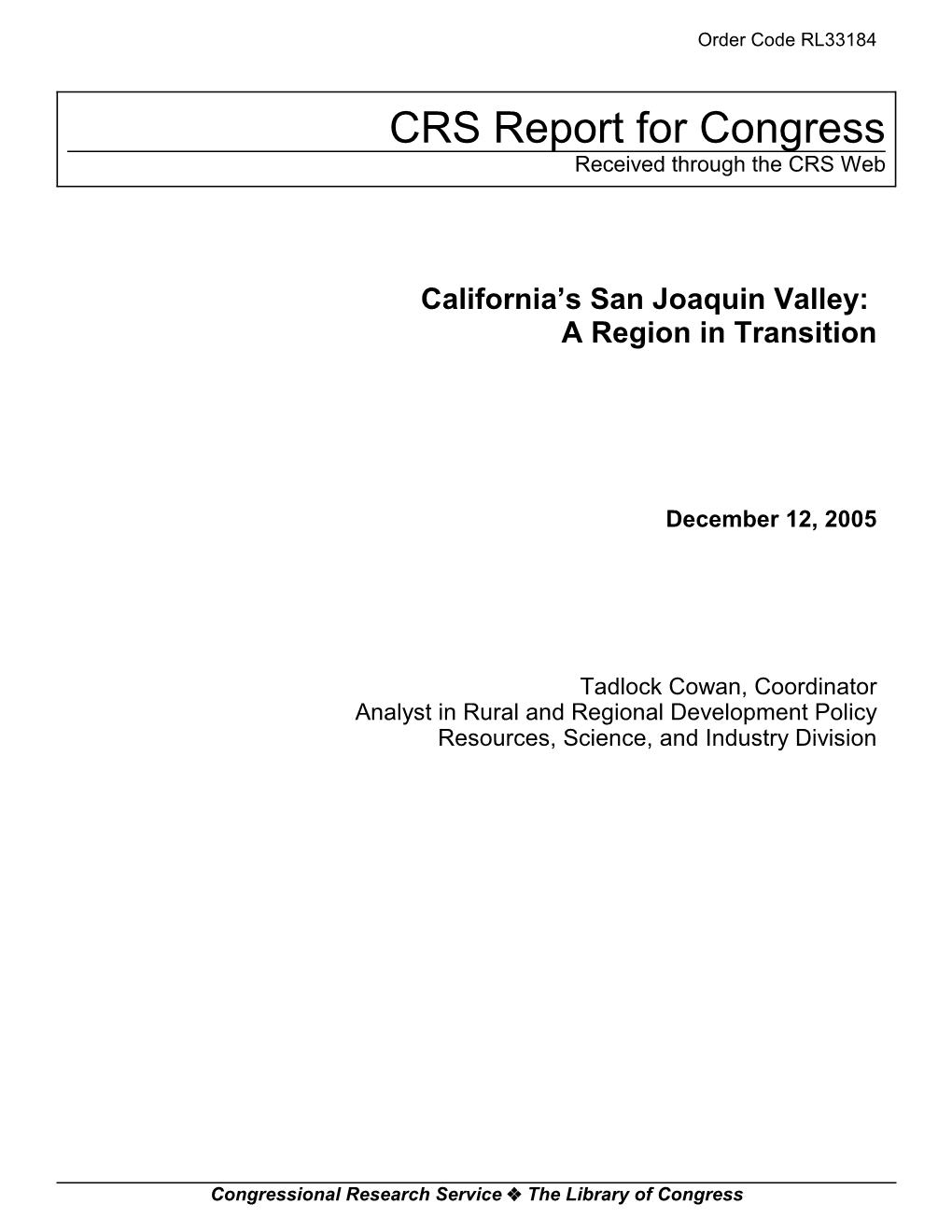 California's San Joaquin Valley: a Region in Transition