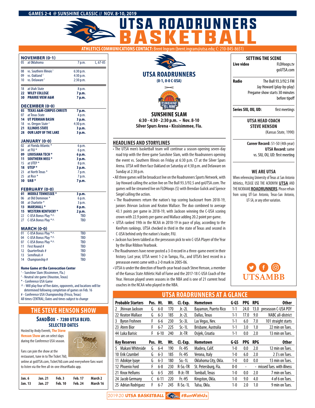 BASKETBALL ATHLETICS COMMUNICATIONS CONTACT: Brent Ingram (Brent.Ingram@Utsa.Edu; C: 210-845-8651) NOVEMBER (0-1) SETTING the SCENE 05 at Oklahoma 7 P.M