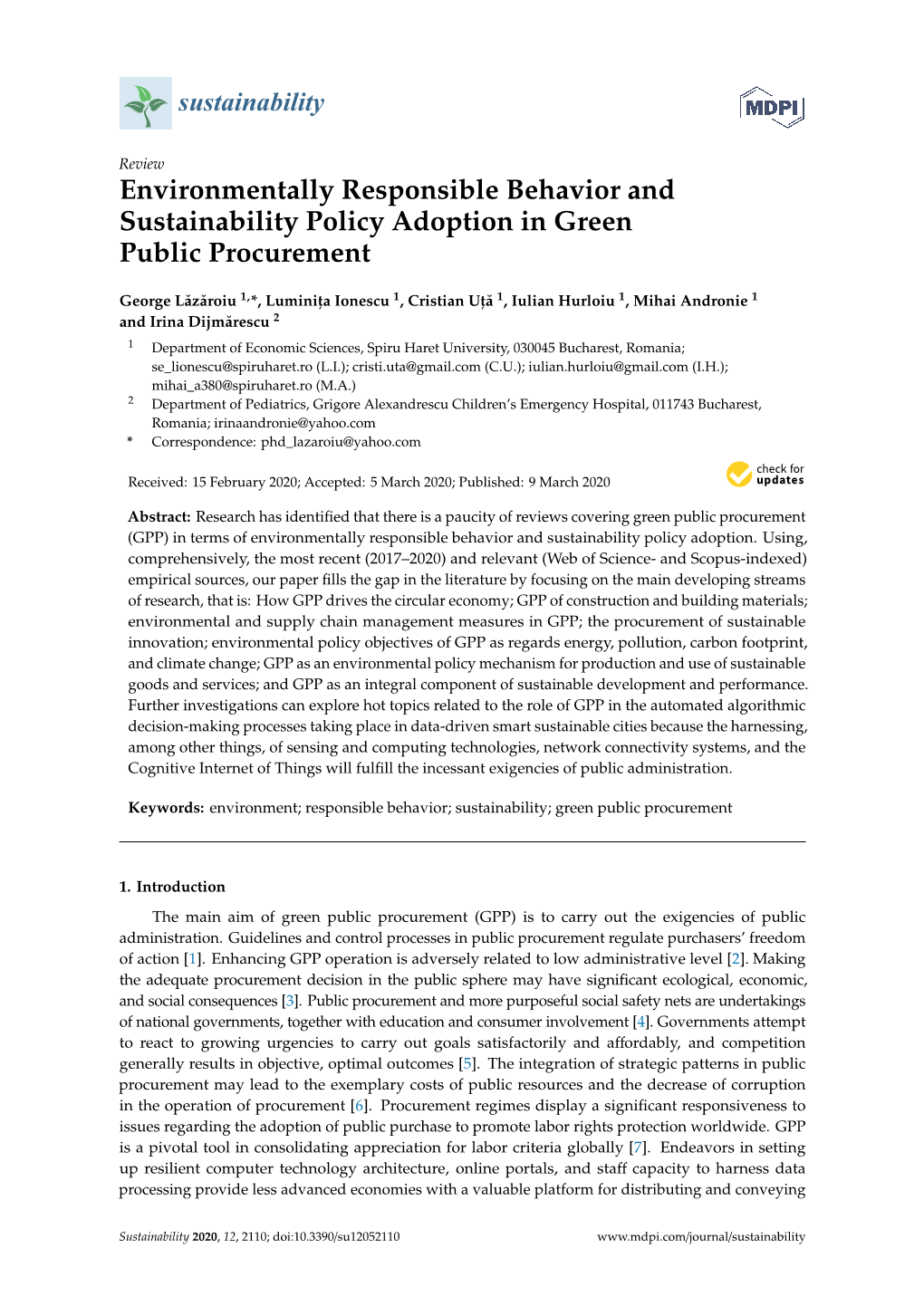 Environmentally Responsible Behavior and Sustainability Policy Adoption in Green Public Procurement