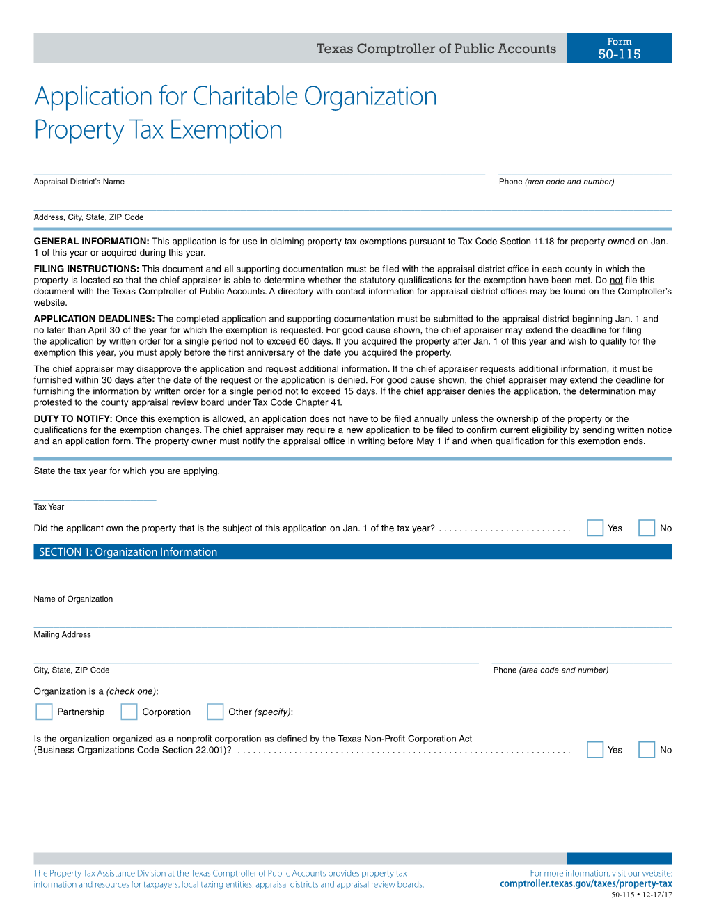 50-115, Application for Charitable Organization Property Tax Exemption