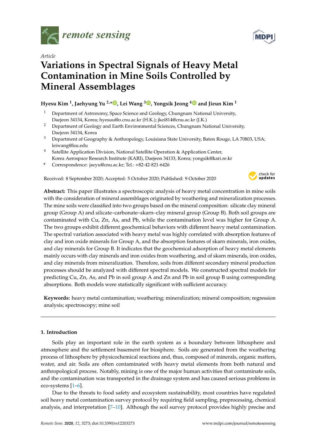 Variations in Spectral Signals of Heavy Metal Contamination in Mine Soils Controlled by Mineral Assemblages