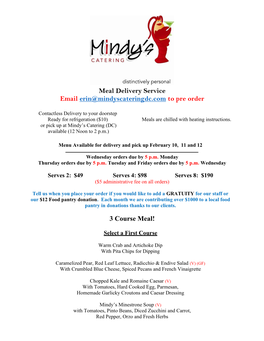 Meal Delivery Service Email Erin@Mindyscateringdc.Com to Pre Order