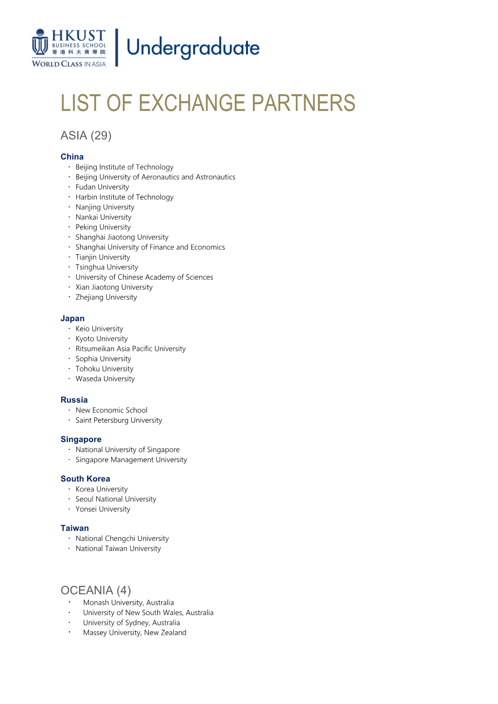 List of Exchange Partners