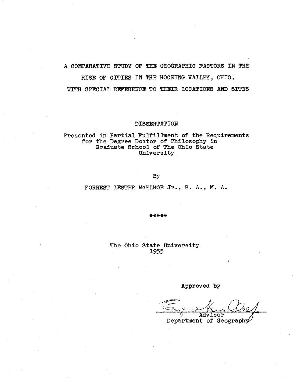 A Comparative Study Op Tee Geographic Factors in Tee Rise Op Cities in the Hocking Valley, Ohio