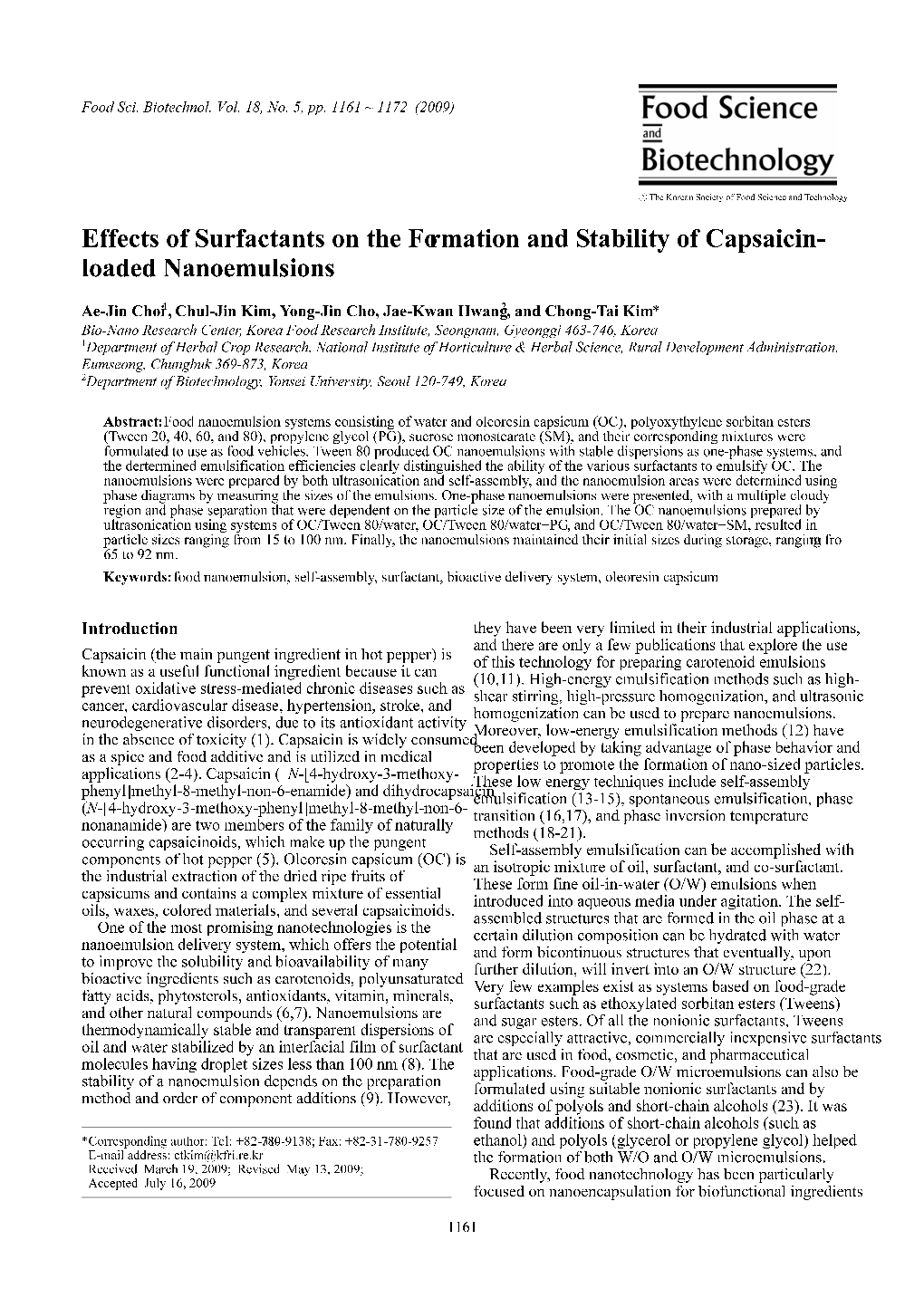 Effects of Surfactants on the Formation and Stability of Capsaicin- Loaded Nanoemulsions