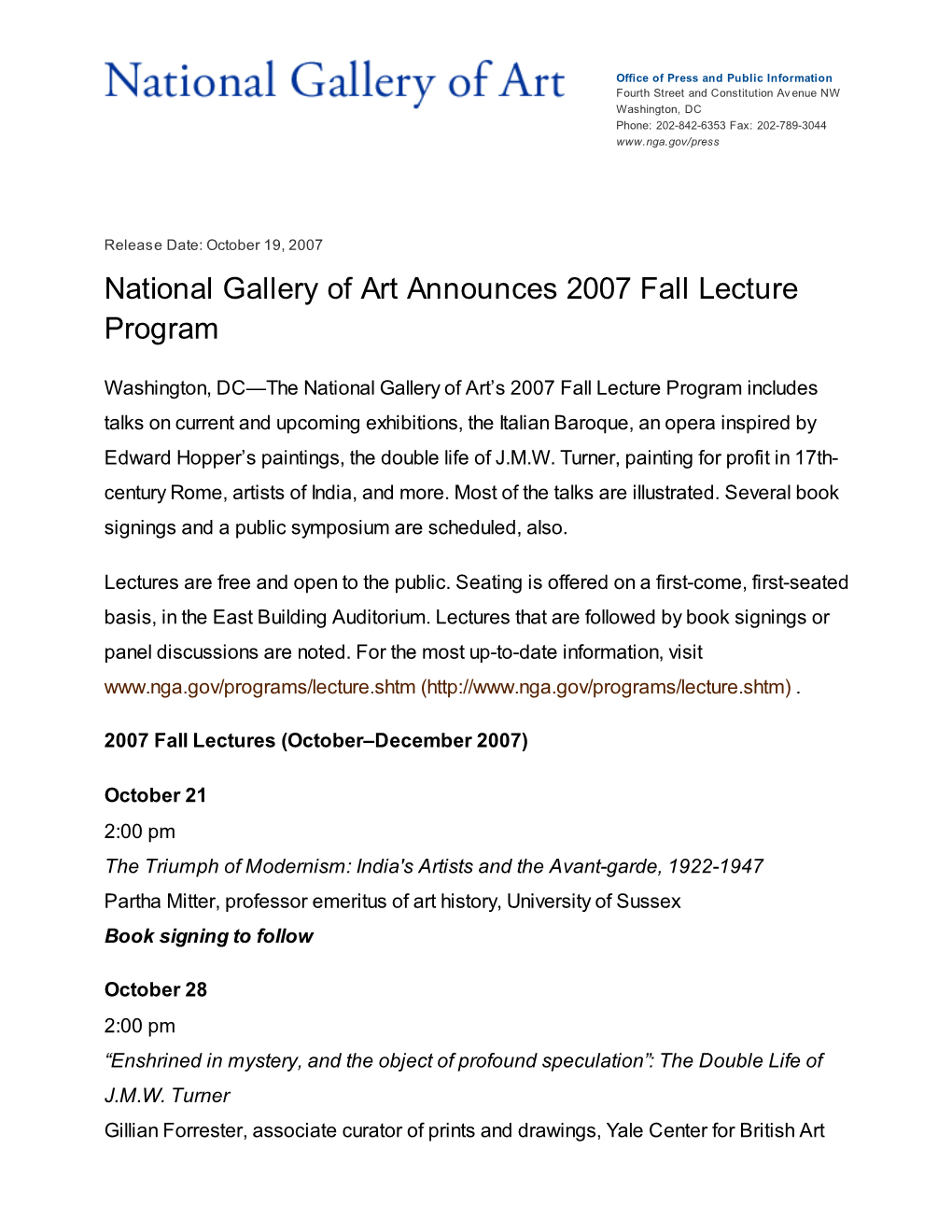 National Gallery of Art Announces 2007 Fall Lecture Program