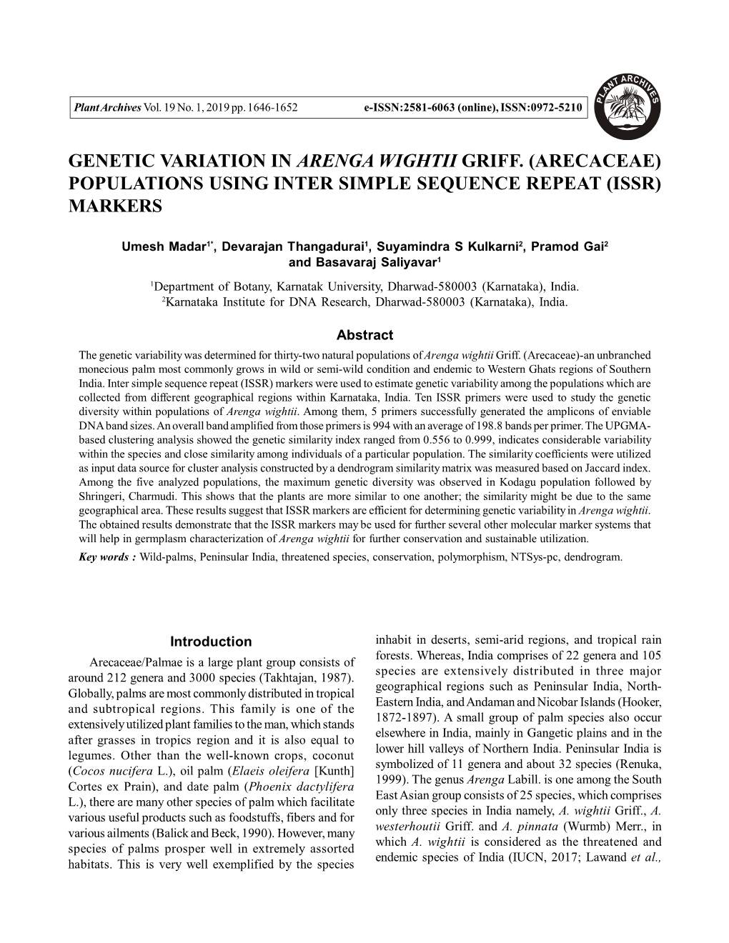 Genetic Variation in Arenga Wightii Griff. (Arecaceae) Populations Using Inter Simple Sequence Repeat (Issr) Markers