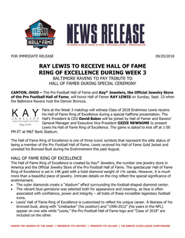 Ray Lewis to Receive Hall of Fame Ring of Excellence During Week 3 Baltimore Ravens to Pay Tribute to Hall of Famer During Special Ceremony