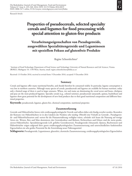 Properties of Pseudocereals, Selected Specialty Cereals and Legumes for Food Processing with Special Attention to Gluten-Free Products