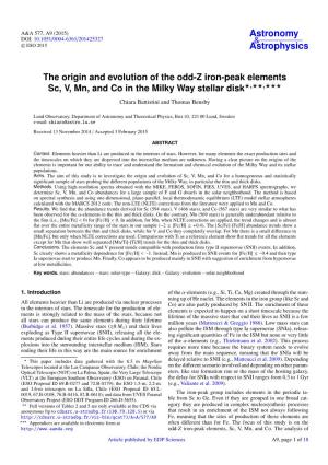 The Origin and Evolution of the Odd-Z Iron-Peak Elements Sc, V, Mn, and Co in the Milky Way Stellar Disk?,??,??? Chiara Battistini and Thomas Bensby