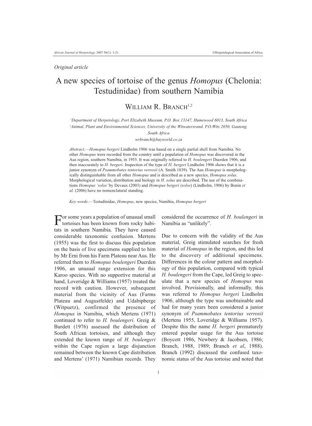 Branch, W.R. 2007. a New Species of Tortoise of the Genus Homopus