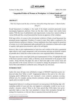 “Anguished Fables of Women at Workplace: a Critical Analysis” Rhythm Aggarwal Amity University Noida ABSTRACT