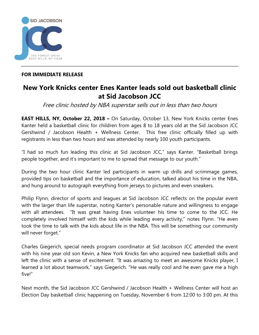 New York Knicks Center Enes Kanter Leads Sold out Basketball Clinic at Sid Jacobson JCC Free Clinic Hosted by NBA Superstar Sells out in Less Than Two Hours