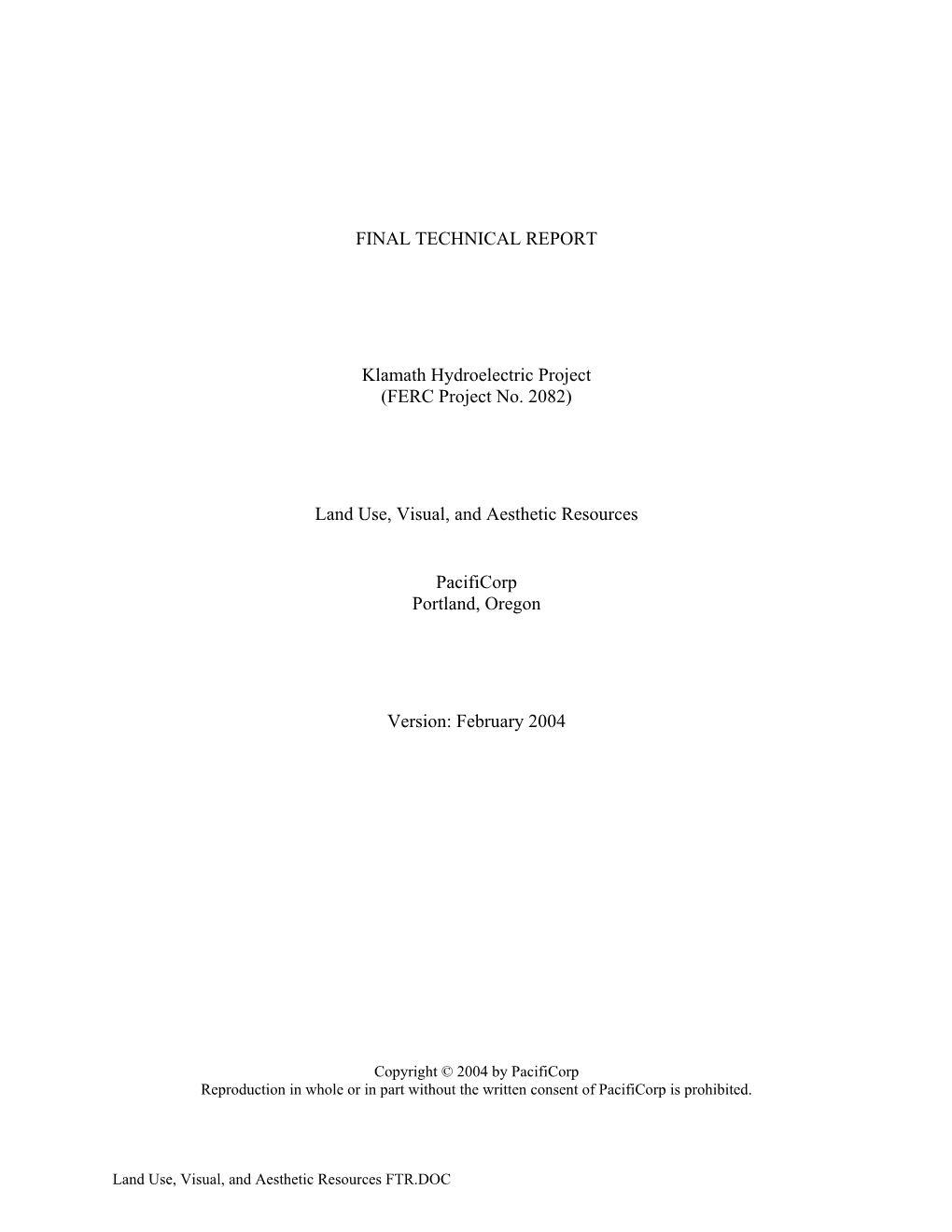 FINAL TECHNICAL REPORT Klamath Hydroelectric Project