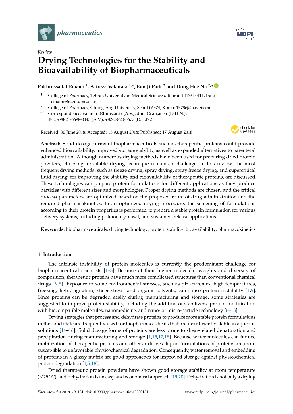 Drying Technologies for the Stability and Bioavailability of Biopharmaceuticals