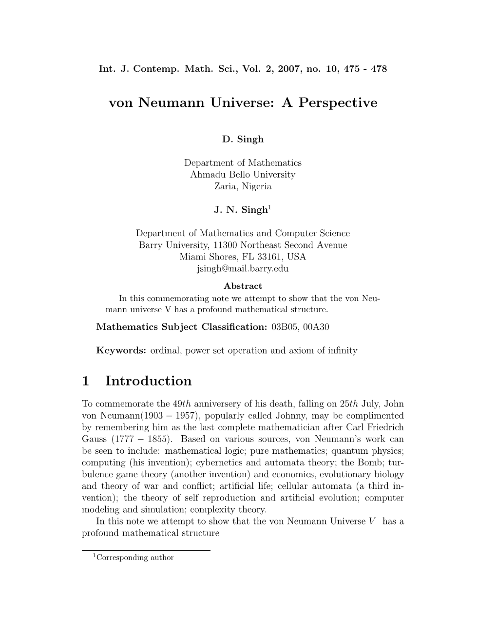 Von Neumann Universe: a Perspective 1 Introduction