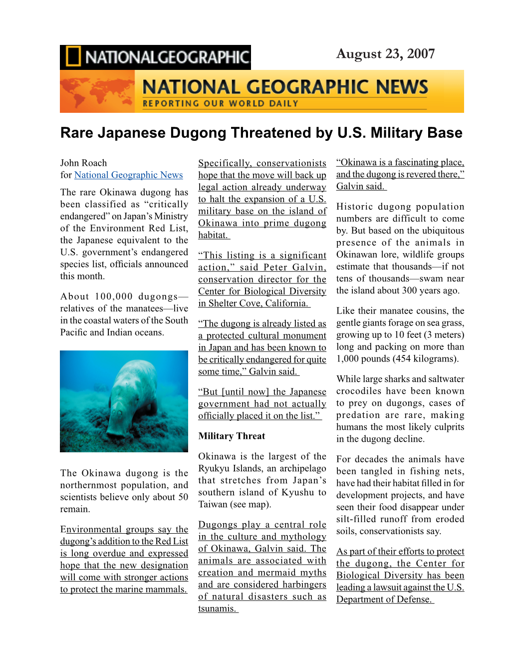 August 23, 2007 Rare Japanese Dugong Threatened by U.S. Military