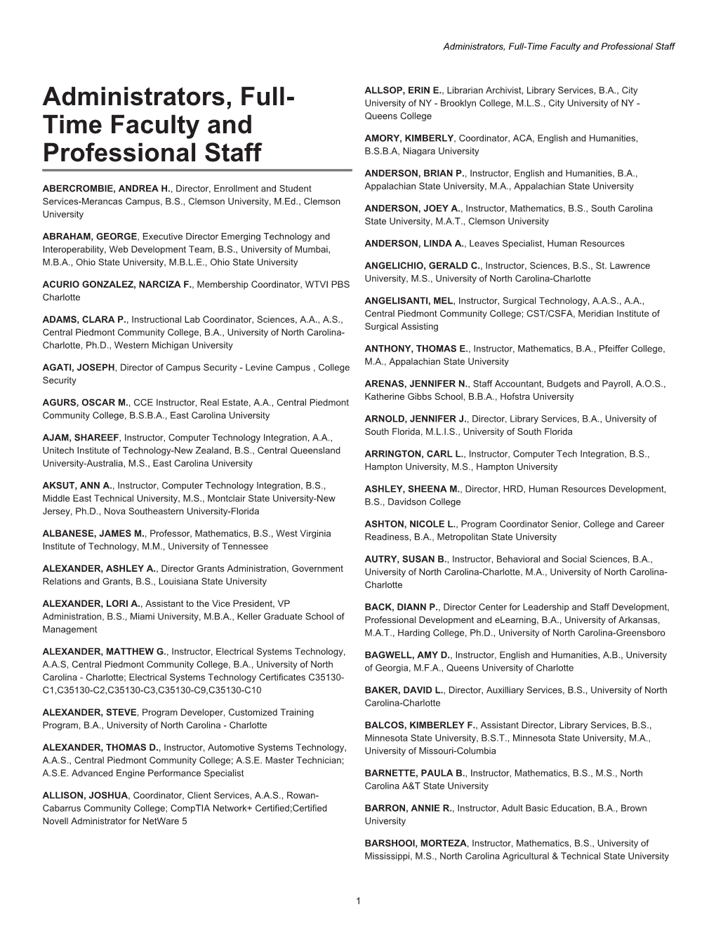 Administrators, Full-Time Faculty and Professional Staff