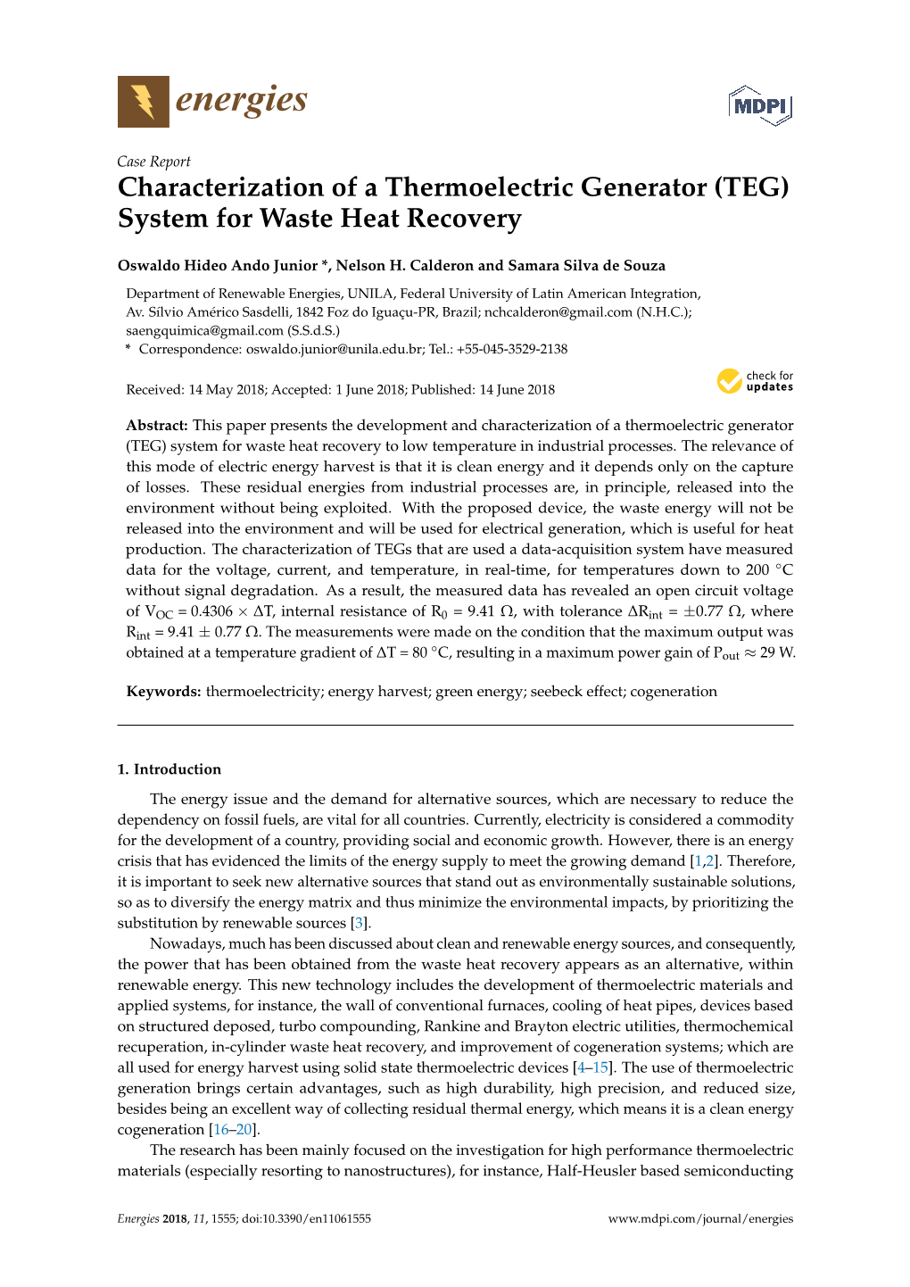 Characterization of a Thermoelectric Generator (TEG) System for Waste Heat Recovery