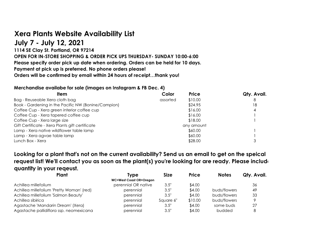 Xera Plants Website Availability List July 7 - July 12, 2021 1114 SE Clay St