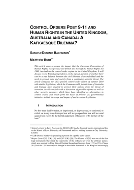 Control Orders Post 9-11 and Human Rights in the United Kingdom , Australia and Canada : a Kafkaesque Dilemma ?