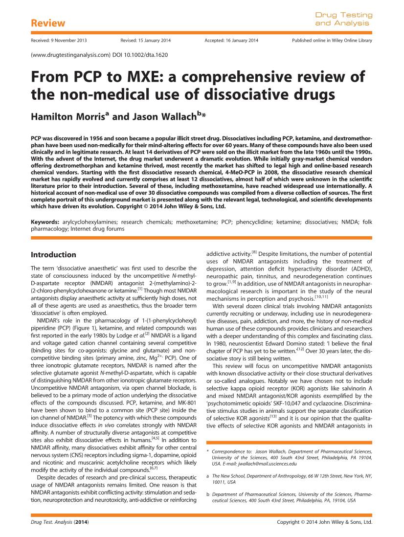 From PCP to MXE: a Comprehensive Review of the Non-Medical Use of Dissociative Drugs Hamilton Morrisa and Jason Wallachb*