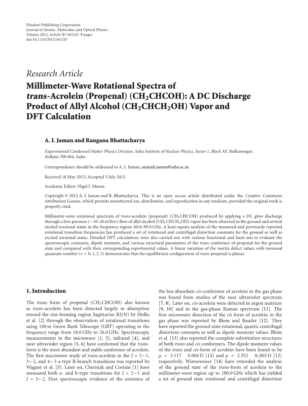 Millimeter-Wave Rotational Spectra of Trans-Acrolein (Propenal) (CH2CHCOH):Adcdischarge Product of Allyl Alcohol (CH2CHCH2OH) Vapor and DFT Calculation
