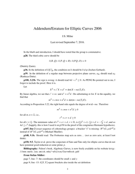 Addendum/Erratum for Elliptic Curves 2006