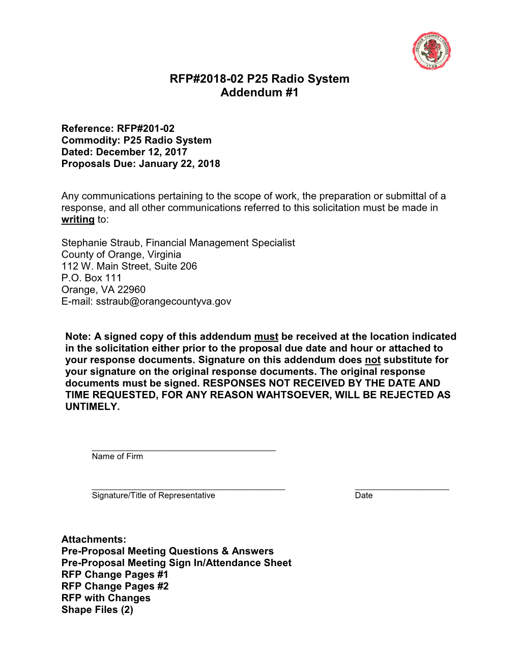 RFP#2018-02 P25 Radio System Addendum #1