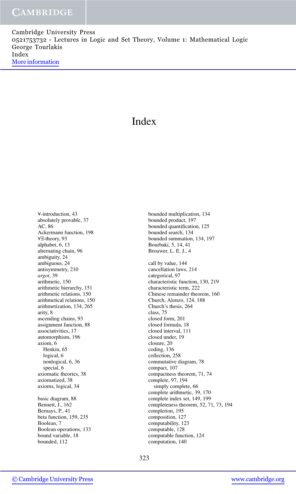 Lectures in Logic and Set Theory, Volume 1: Mathematical Logic George Tourlakis Index More Information