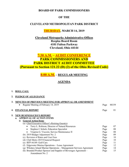 7:30 A.M. – AUDIT CONFERENCE PARK COMMISSIONERS and PARK DISTRICT AUDIT COMMITTEE (Pursuant to Section 121.22 (D) (2) of the Ohio Revised Code)
