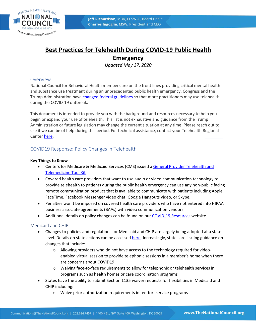 Best Practices for Telehealth During COVID-19 Public Health Emergency Updated May 27, 2020