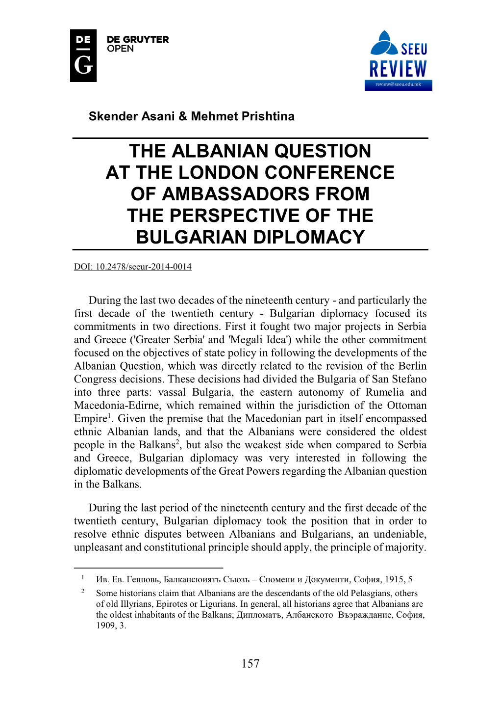 The Albanian Question at the London Conference of Ambassadors from the Perspective of the Bulgarian Diplomacy