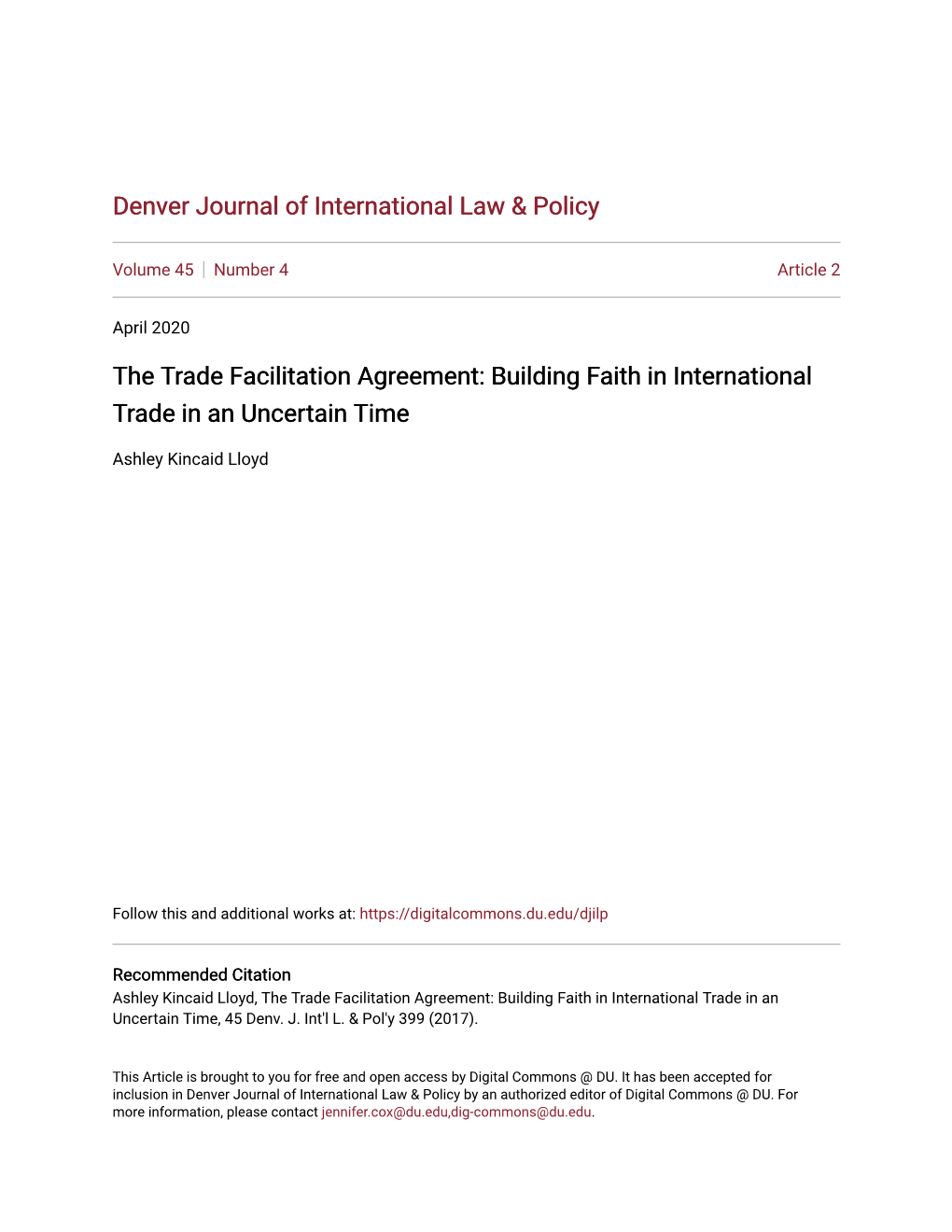 The Trade Facilitation Agreement: Building Faith in International Trade in an Uncertain Time