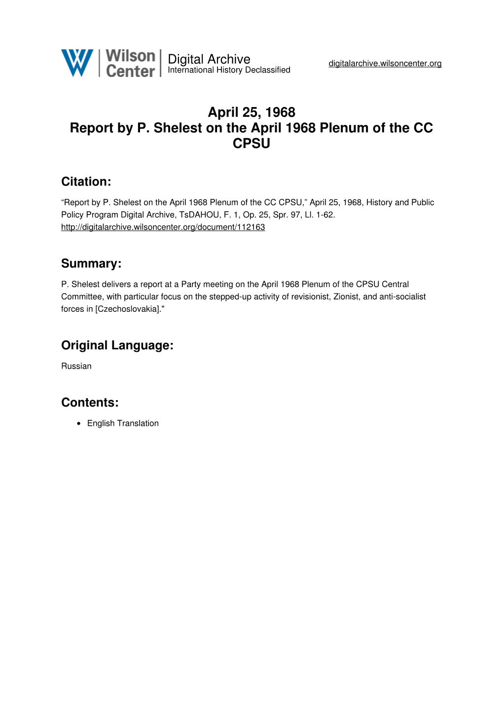 April 25, 1968 Report by P. Shelest on the April 1968 Plenum of the CC CPSU