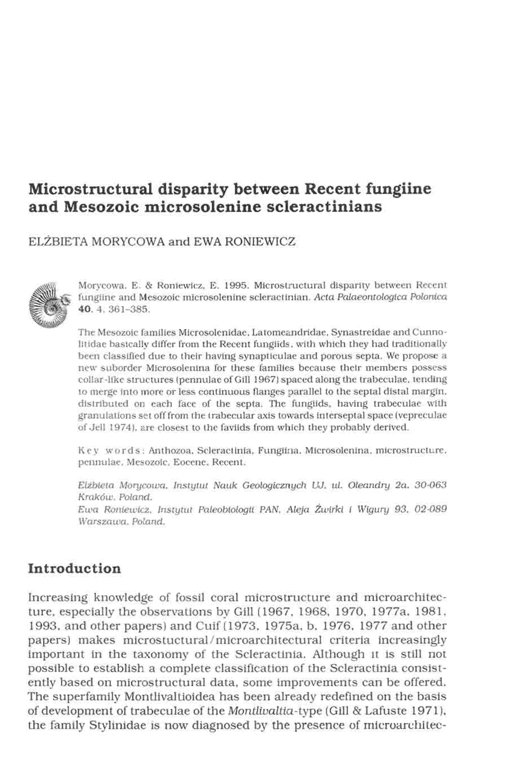 Microstmctural Disparity Between Recent Fungiine and Mes Ozoie Microsolenine Scleractinians