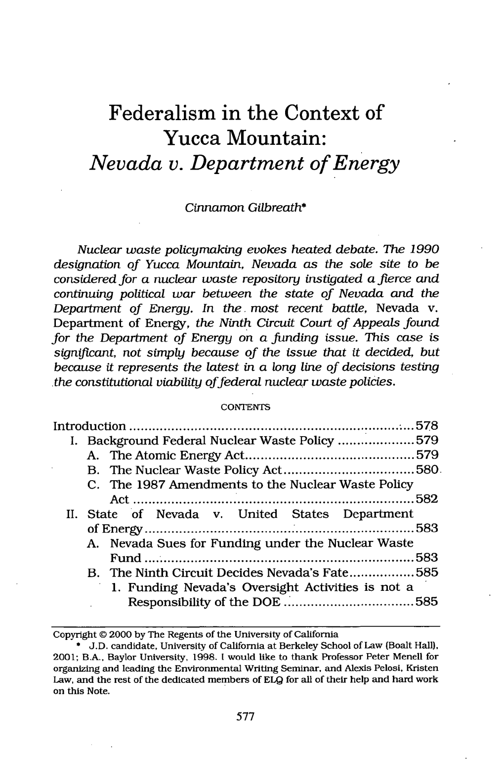 Federalism in the Context of Yucca Mountain: Nevada V. Department of Energy