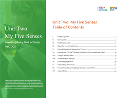 My Five Senses Unit Two: Table of Contents