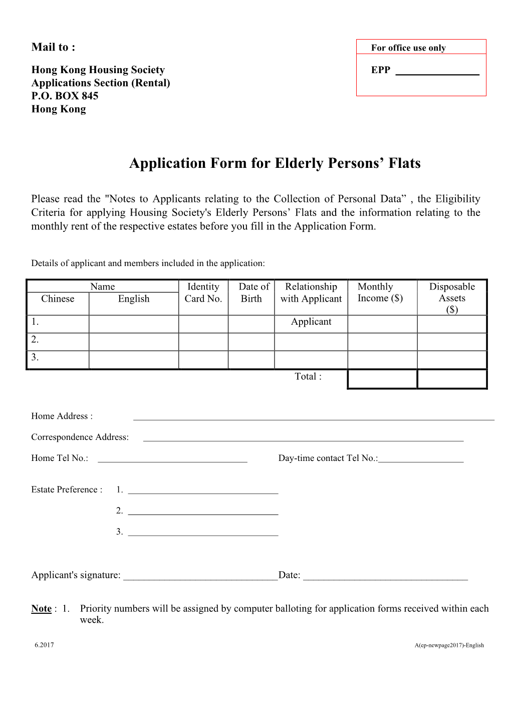 Application Form for Elderly Persons' Flats