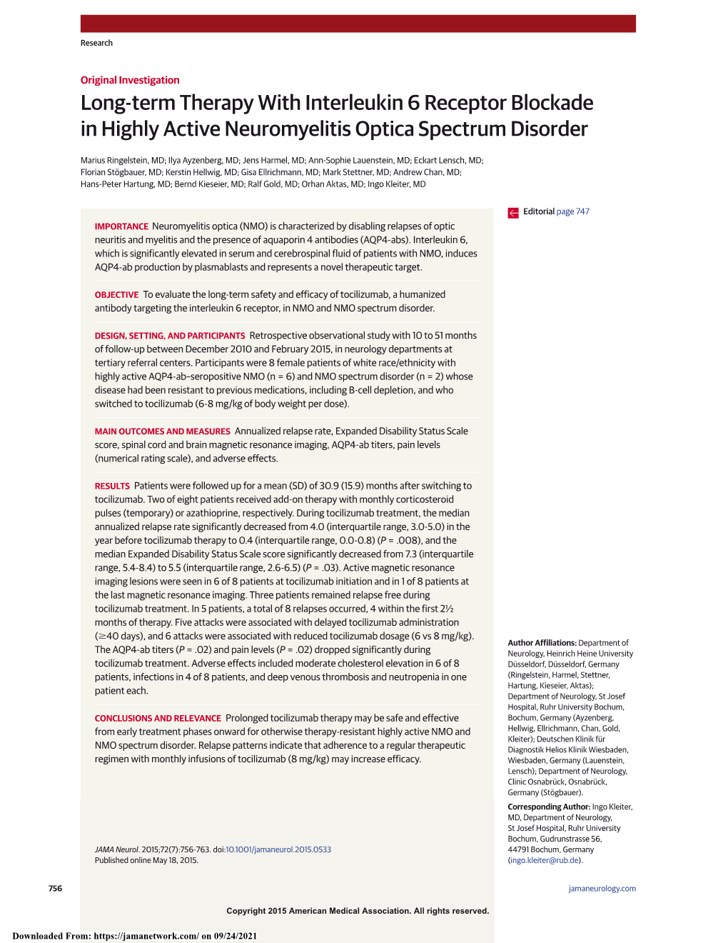 Long-Term Therapy with Interleukin 6 Receptor Blockade in Highly Active Neuromyelitis Optica Spectrum Disorder