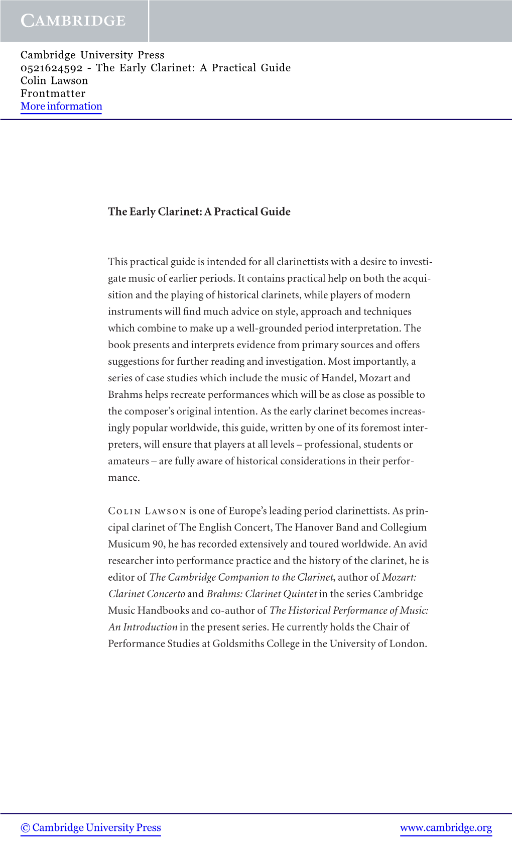 The Early Clarinet: a Practical Guide Colin Lawson Frontmatter More Information