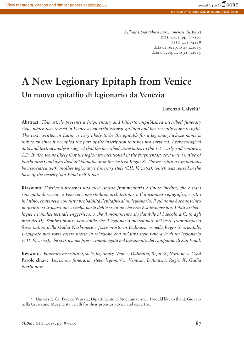 A New Legionary Epitaph from Venice…