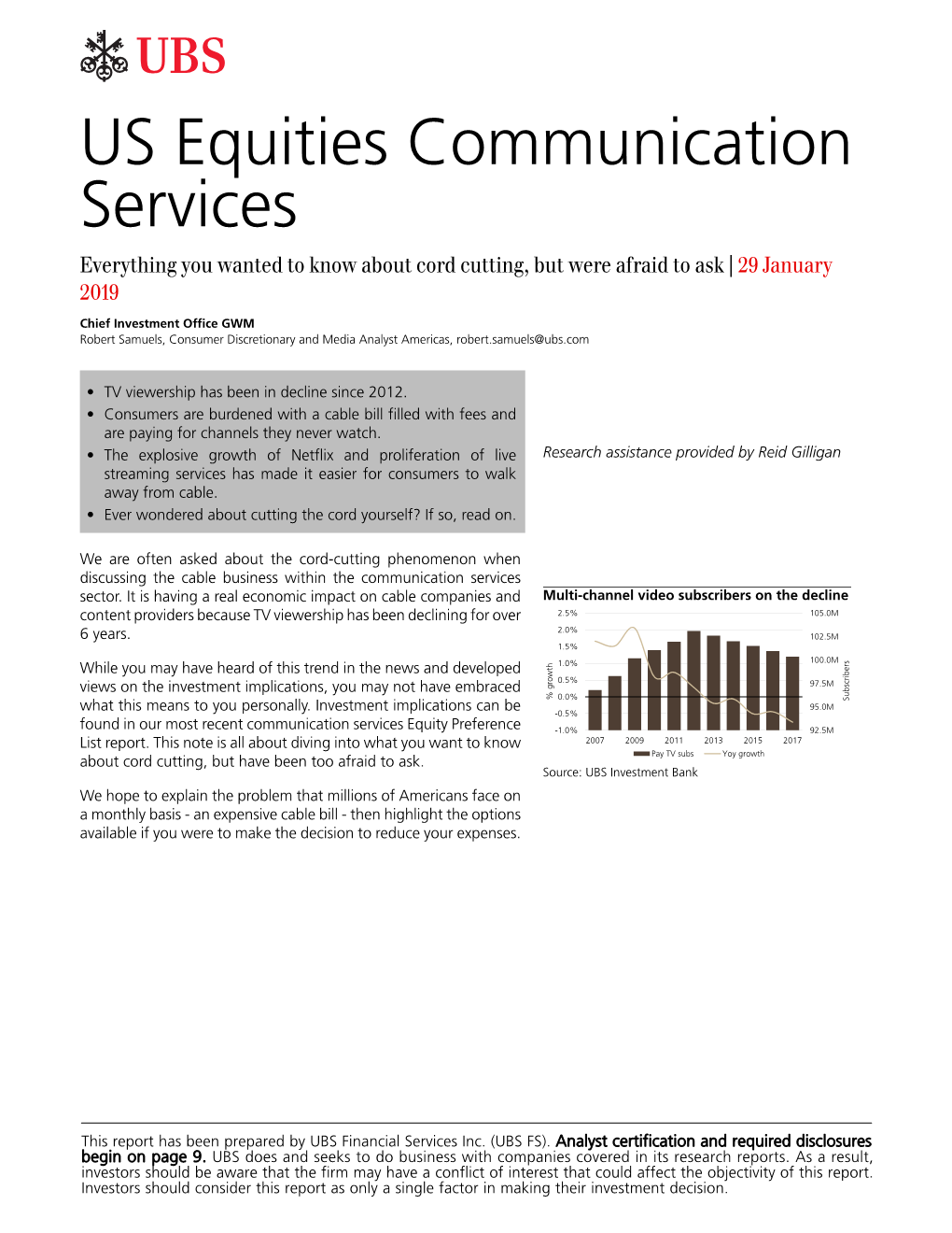 US Equities Communication Services Everything You Wanted to Know About Cord Cutting, but Were Afraid to Ask | 29 January 2019