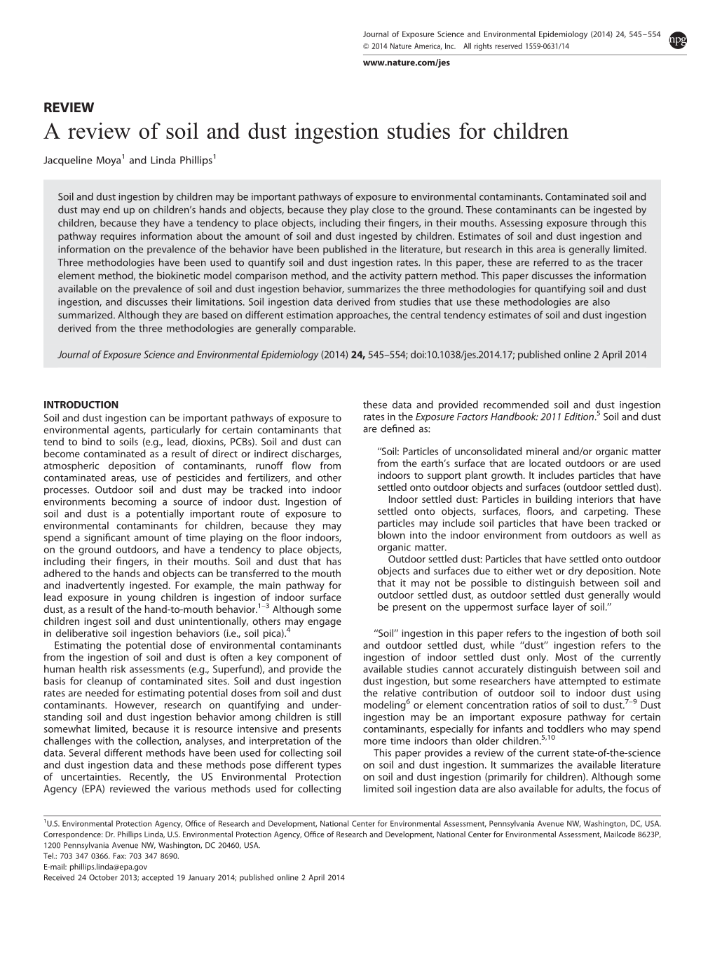 A Review of Soil and Dust Ingestion Studies for Children