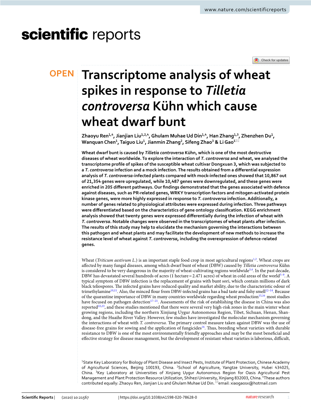 Transcriptome Analysis of Wheat Spikes in Response to Tilletia