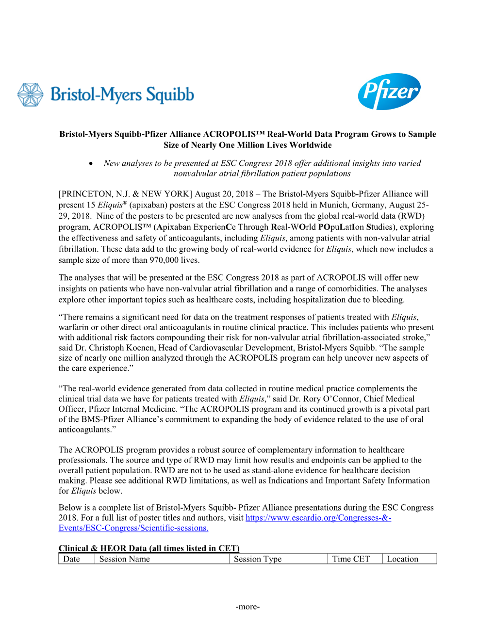 More- Bristol-Myers Squibb-Pfizer Alliance ACROPOLIS™ Real-World Data Program Grows to Sample Size of Nearly One Million Live